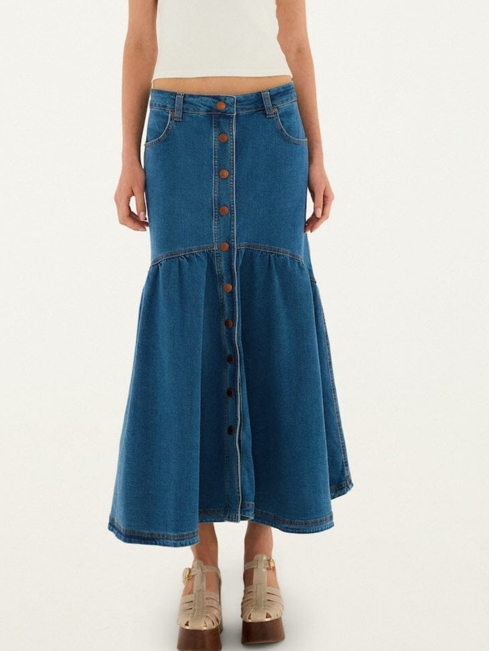 FARM Rio Button-Front Panelled Denim Long Skirt Size 29